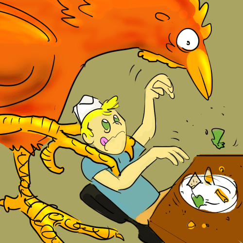 In this illustration, my food poisoning is represented by a jaundiced chicken and my failed blog post by a poorly constructed salad. At least, that's my guess. Who knows what Sam was thinking?